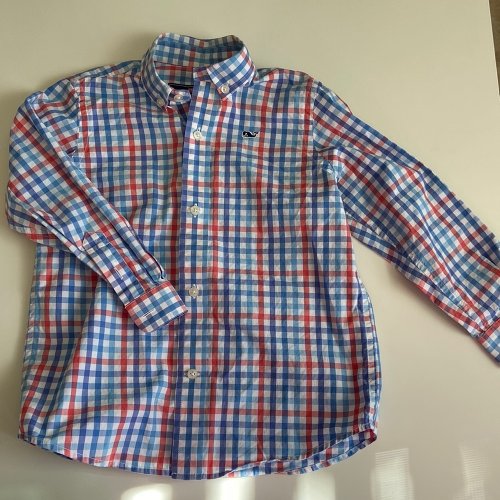 Vineyard, vines, button-down, long sleeves whale shirt, size 3T plaid